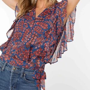Liverpool Draped Front Top With Waist Tie Blue Pink Floral